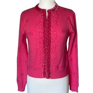 Vintage Cabi 342 Angora Wool Blend Pink Cardigan Sweater Floral Rosettes (M)